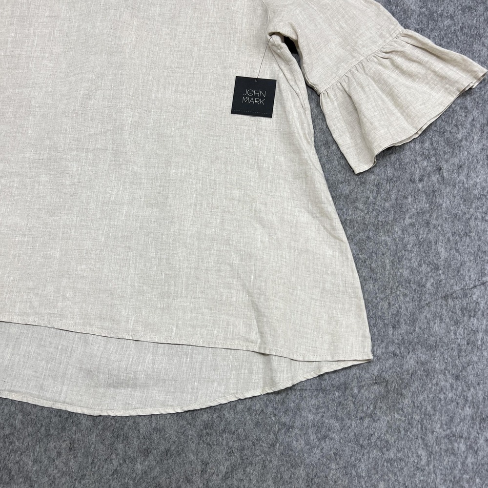John Mark Blouse Womens L Beige Linen Cold Shoulder 3/4 Bell Sleeve Tunic Top - Picture 9 of 16